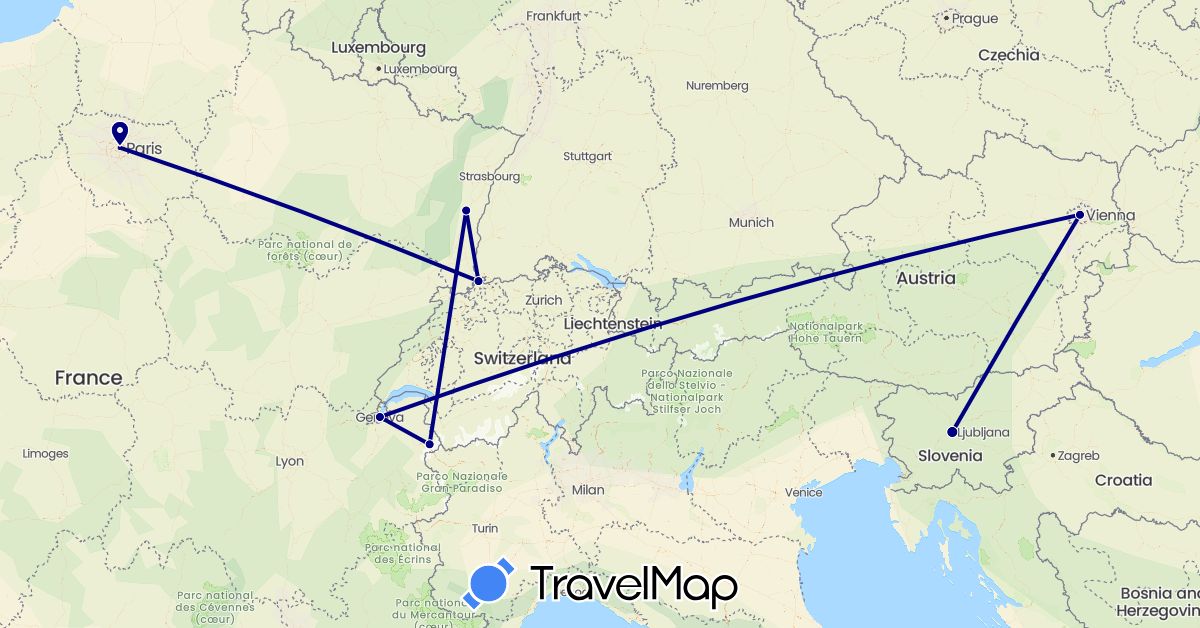 TravelMap itinerary: driving in Austria, Switzerland, France, Slovenia (Europe)
